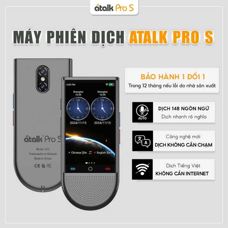 Máy Dịch ATalk Pro S - Dịch Tự Động 148 Ngôn Ngữ - Không Cần Bấm Nút - Không Cần Chạm