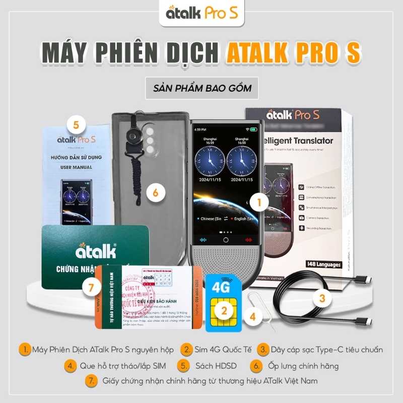 Máy Thông Dịch ATalk Pro S - Dịch Tự Động 148 Ngôn Ngữ - Không Cần Bấm Nút - Không Cần Chạm