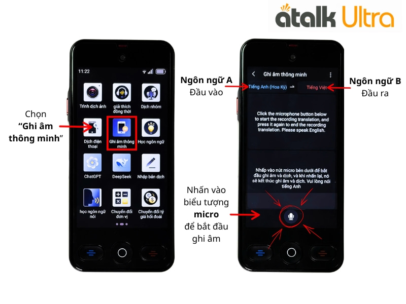 Cách Dịch Ghi Âm Thông Minh Trên Máy ATalk Ultra